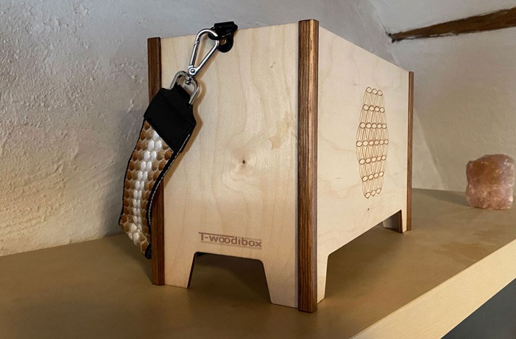 Perspektivische Ansicht der T-woodibox, die ihre kompakte und elegante Bauweise zeigt